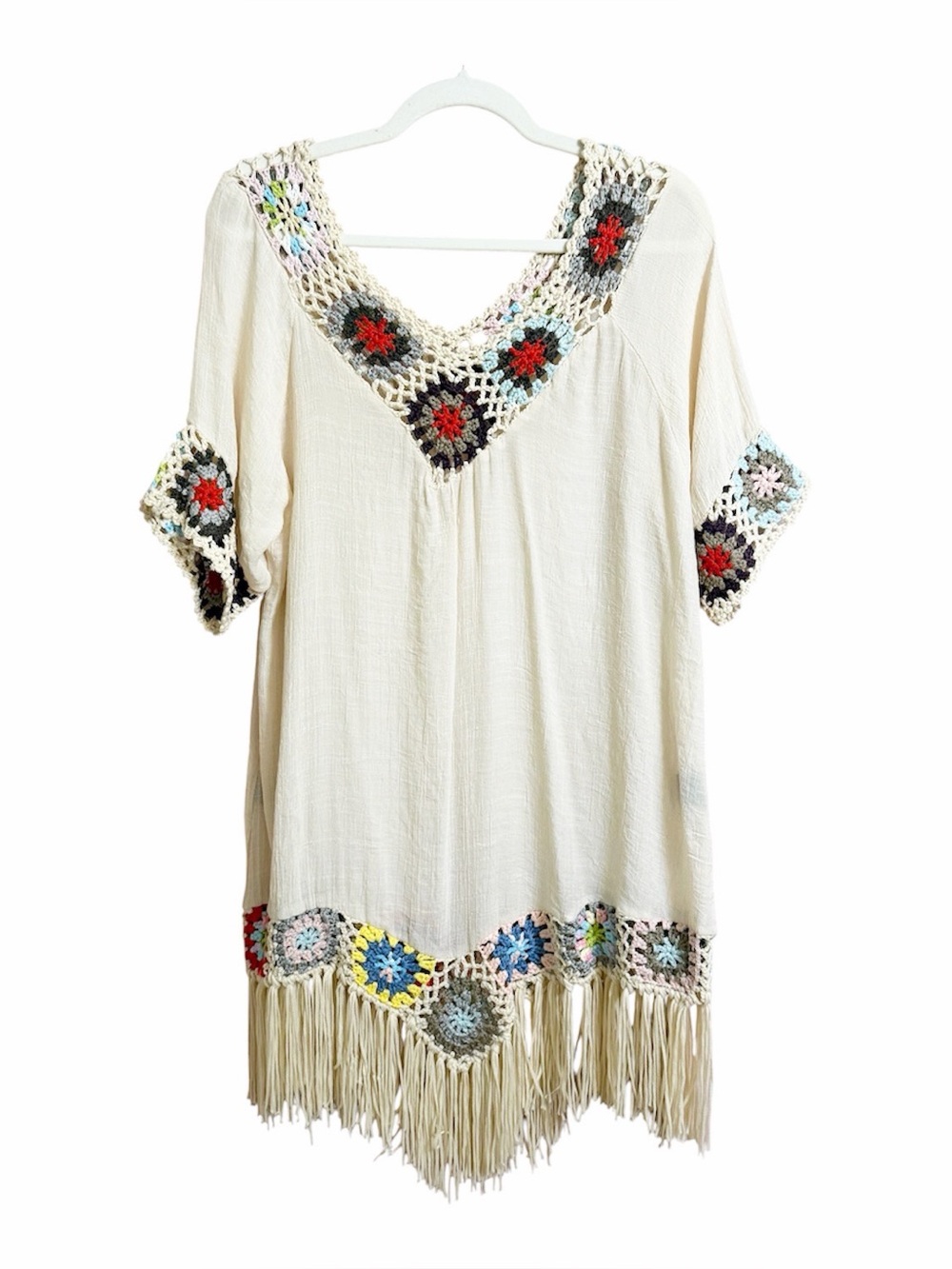 Boho Hippie Colorful Crocheted Fringe Dress Size Large